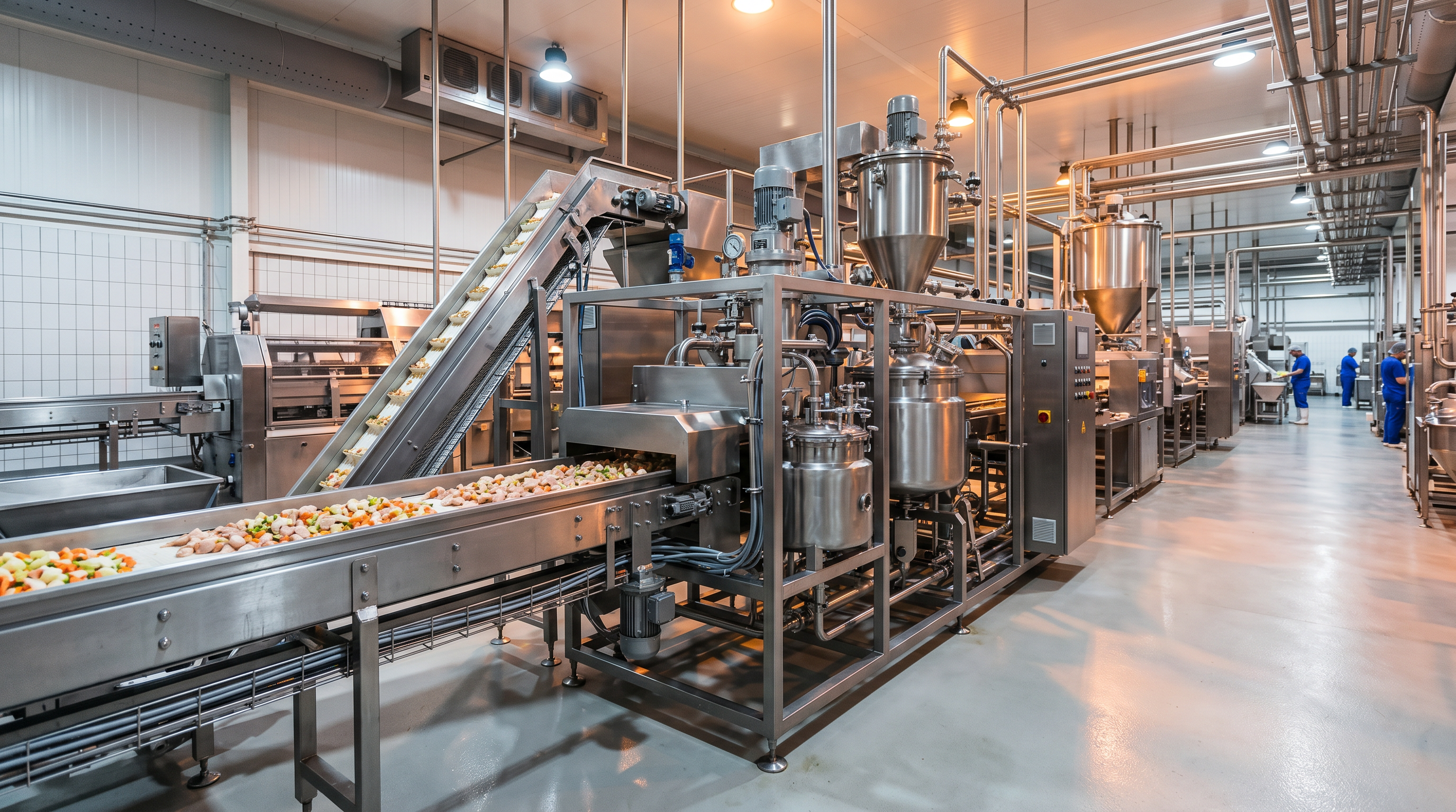 Modern stainless steel food processing equipment in a factory