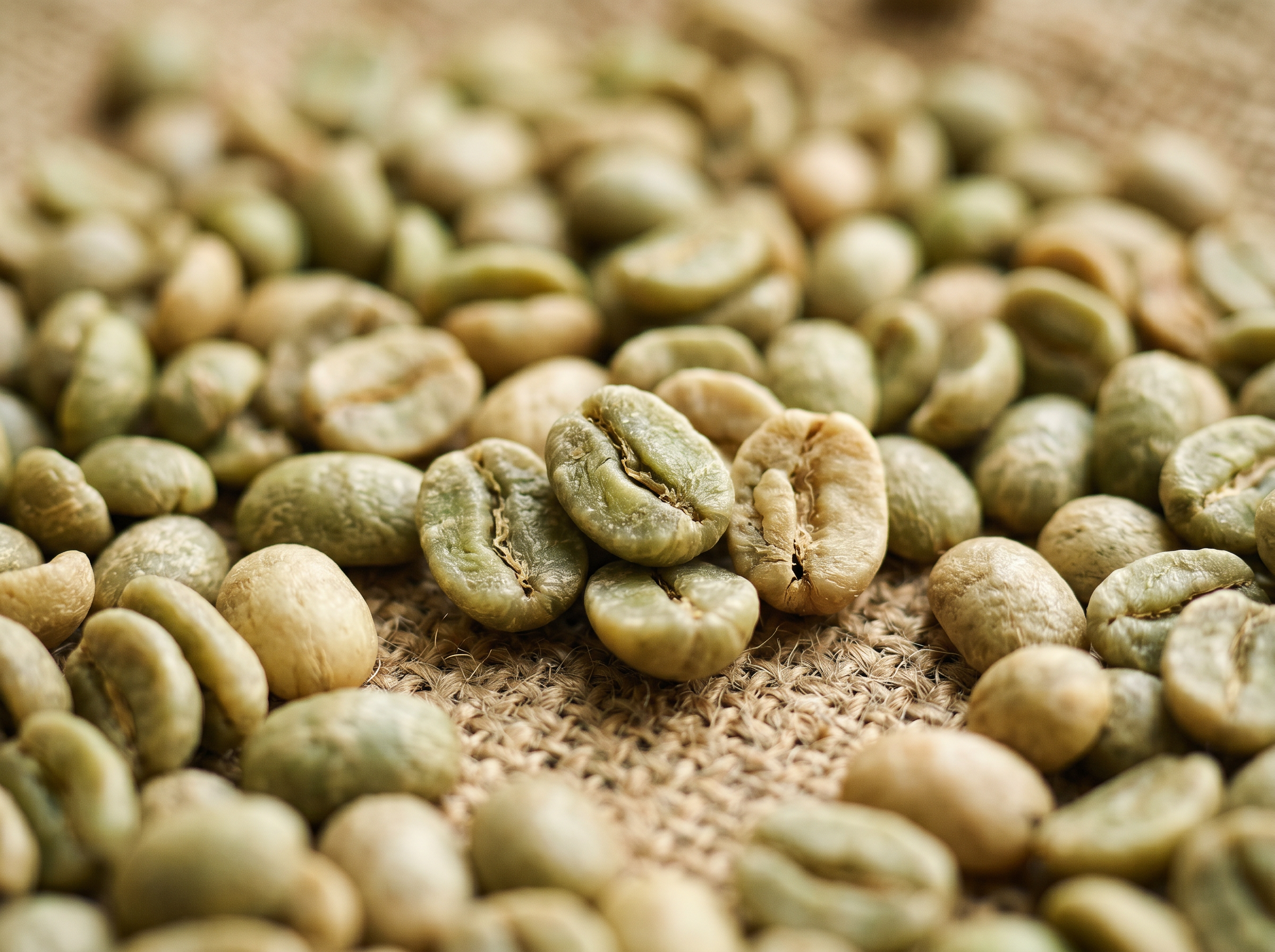 Close-up of raw green coffee beans on burlap
