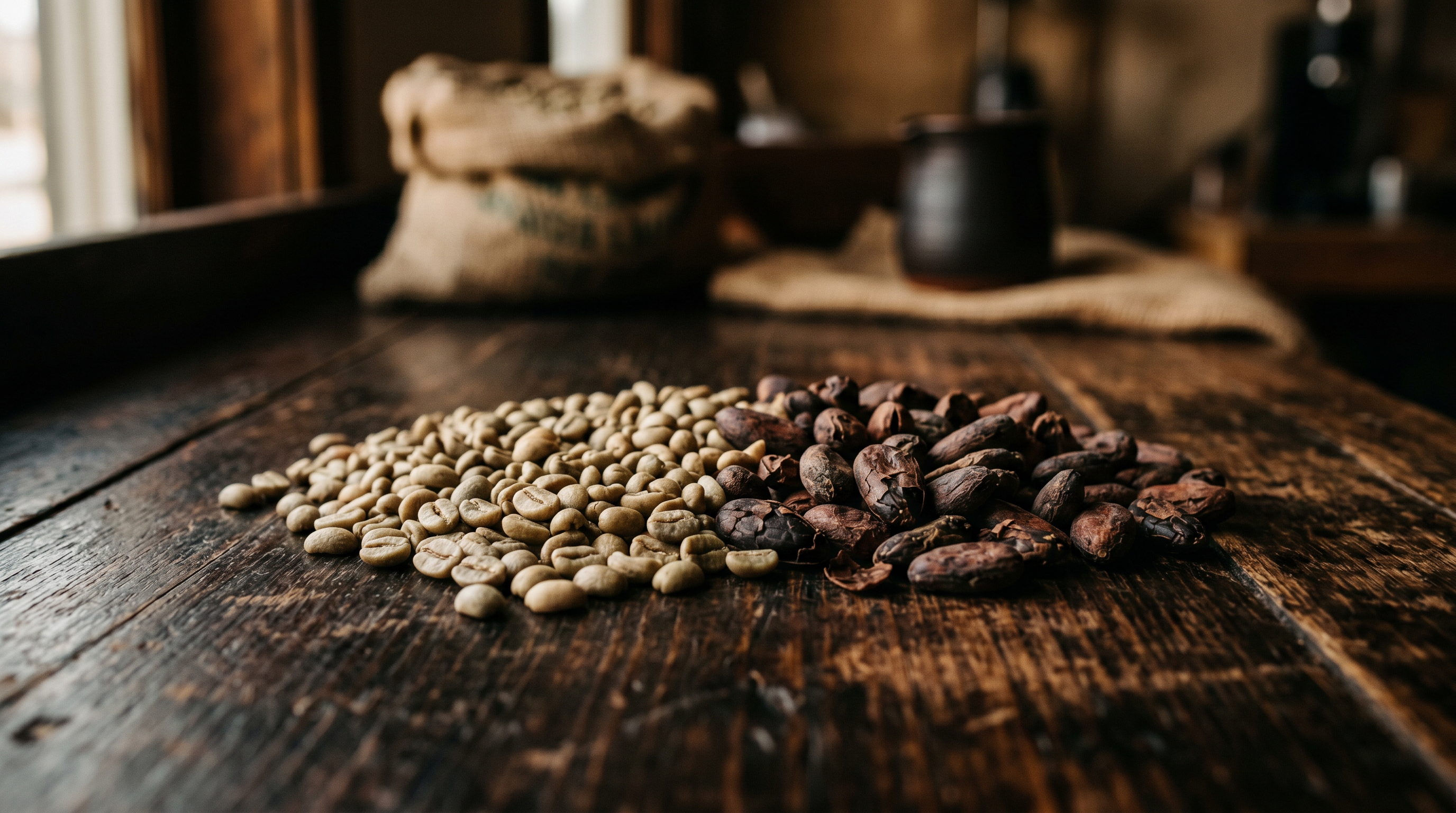 Green coffee beans and cocoa beans on a wooden surface