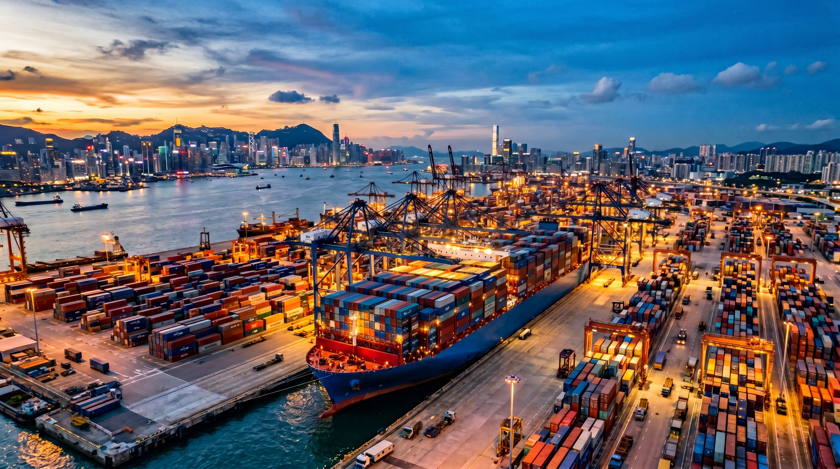 Container ship at a global trading port at dusk